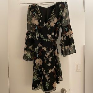 Black floral fall/winter dress. Chiffon wrap dress